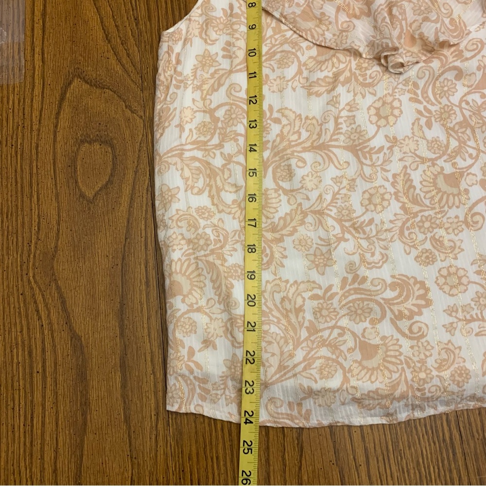 LOFT Shimmer Ruffle Sleeveless V-Neck Lined Shell with Tan Paisley Print - Picture 9 of 11